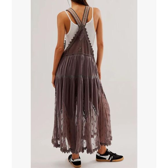 Utcoco Brown Embroidered Square Neck Tiered Maxi Jumper Apron Dress Medium - Picture 3 of 15